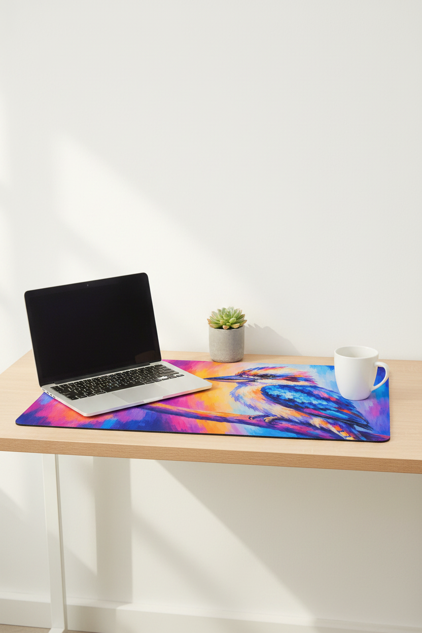 Kookaburra Desk Mat lifestyle image - 12x22 inch desk mat styled in a home office with laptop, succulent and coffee mug